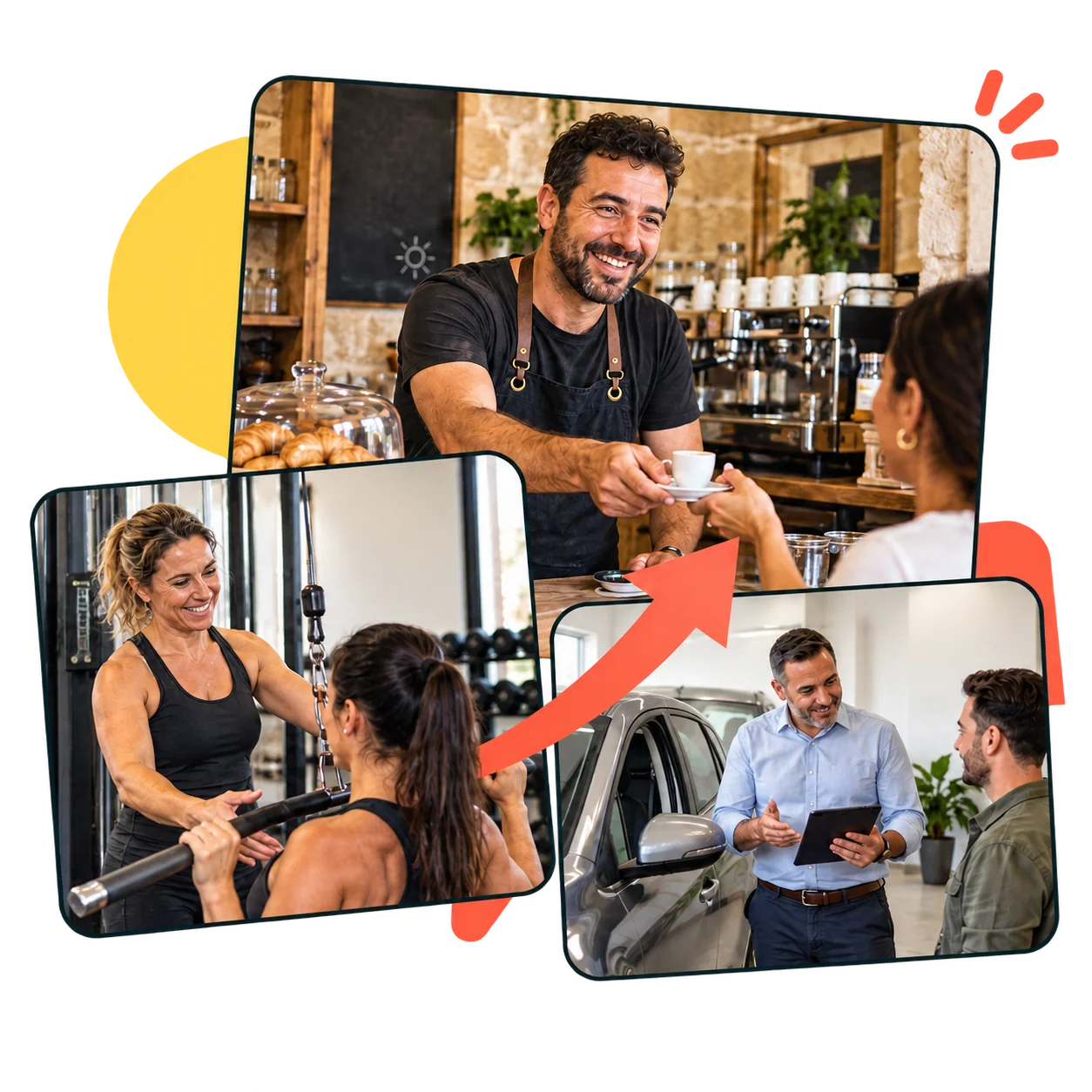 Illustrative collage of a café owner, a gym trainer and a car dealership team